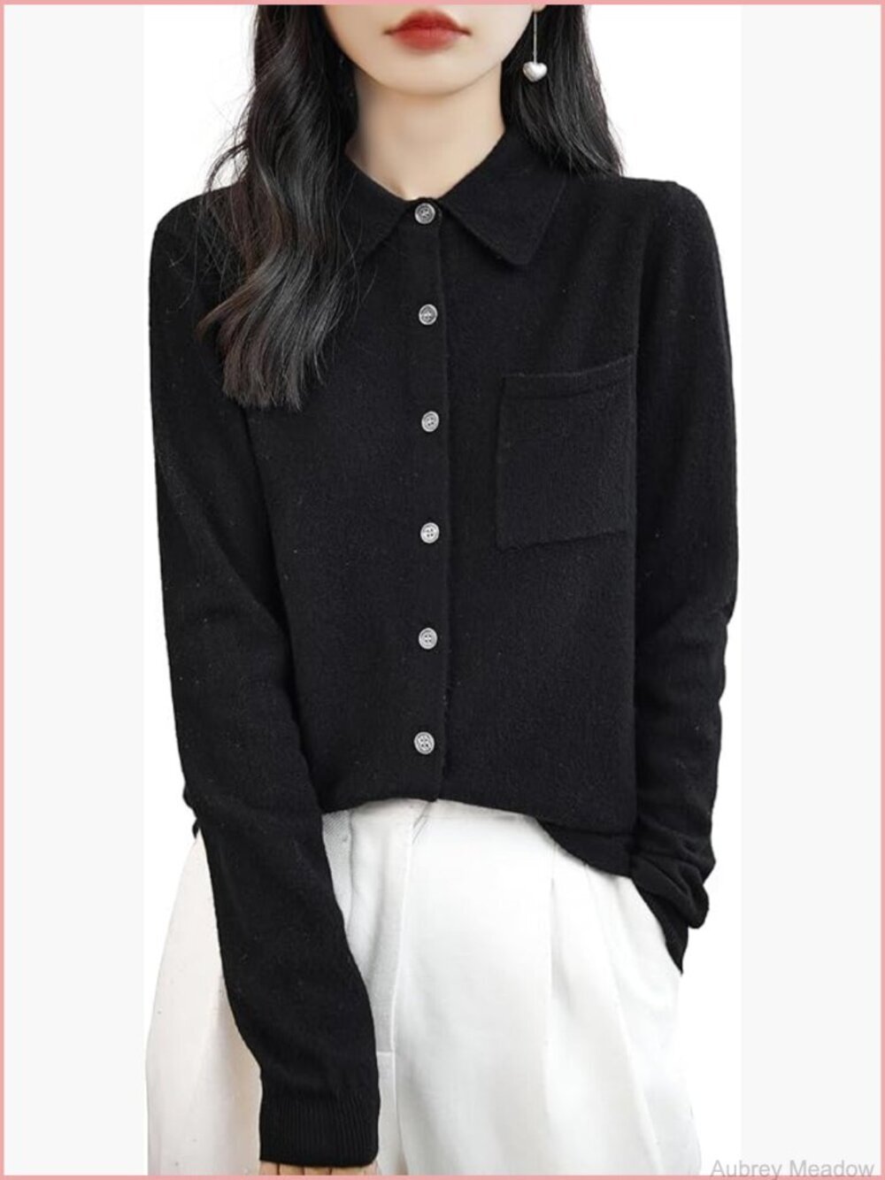 Polo Neck Merino Wool Cardigan Sweater with Pocket Long Sleeve Knitted